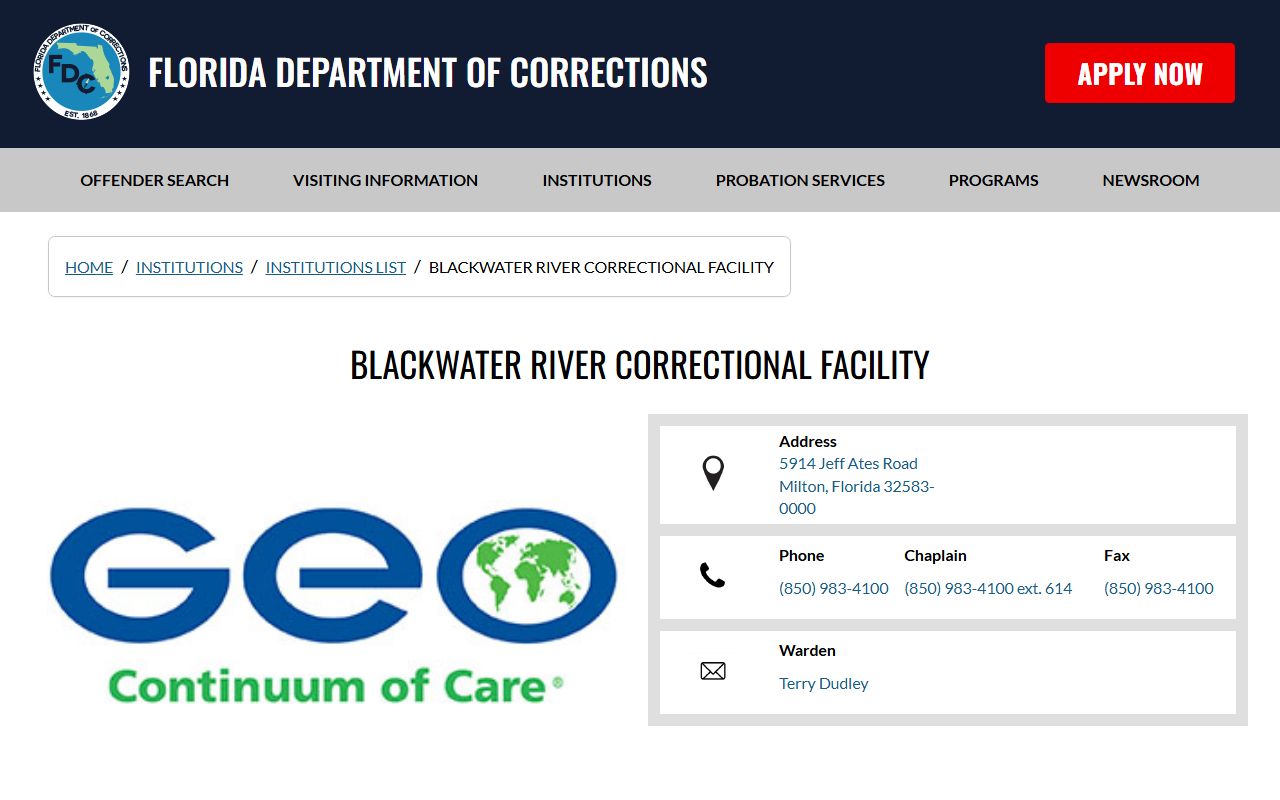 Blackwater River Correctional Facility FDC profile and inmate custody search