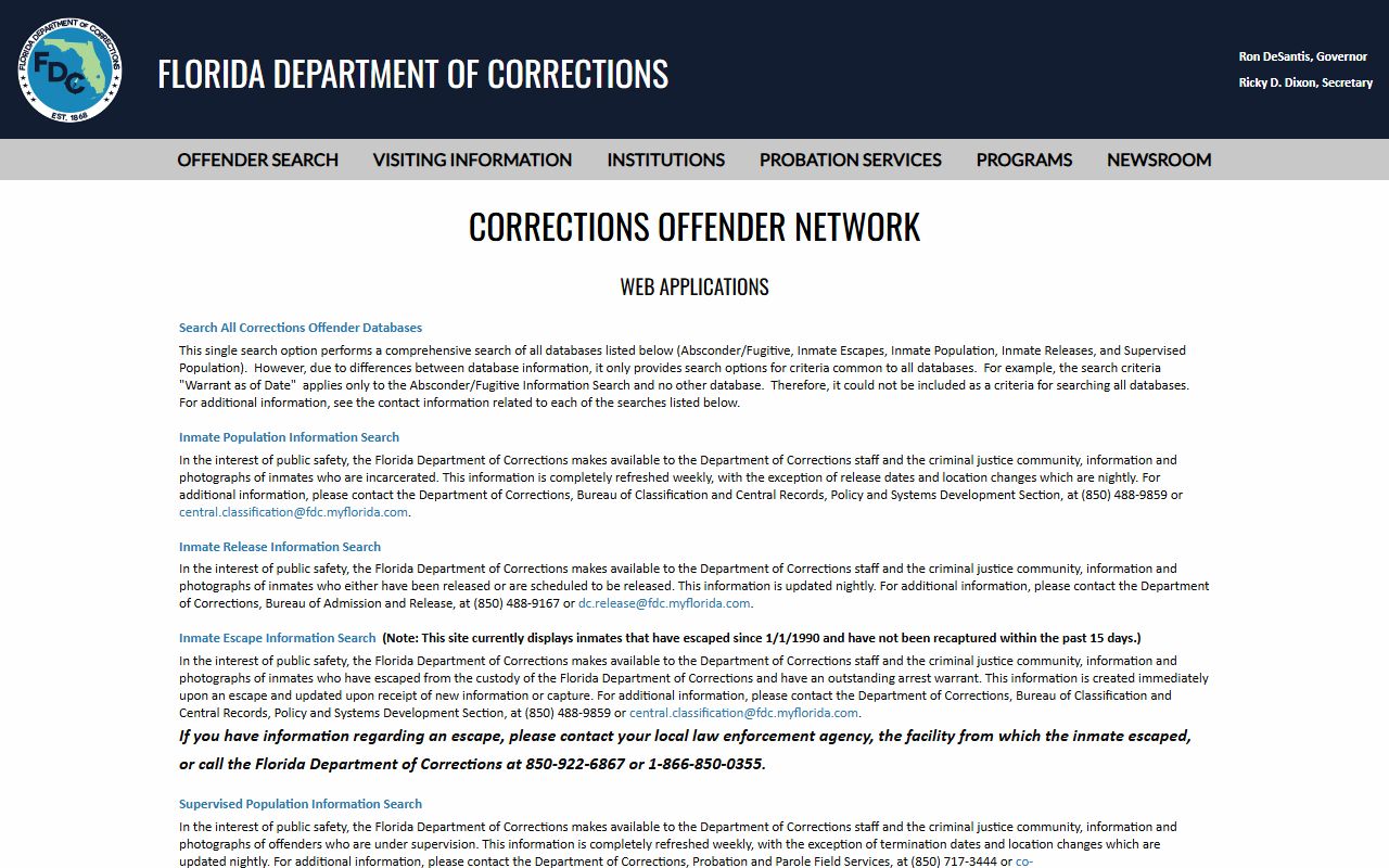 Florida DOC offender search menu for Santa Rosa Correctional Institution inmates